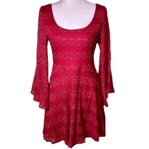 Women’s Red Lace Knit Dress Flared Bell Sleeves Scoop Neck Skater Coquette Med